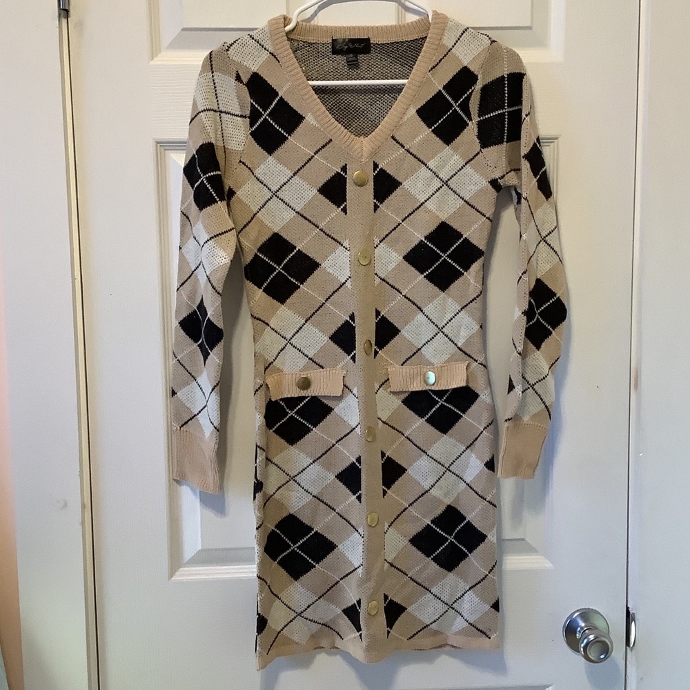 Womens Small Argyle Long Cardigan Sweater Dress Gold Buttons Preppy Academia